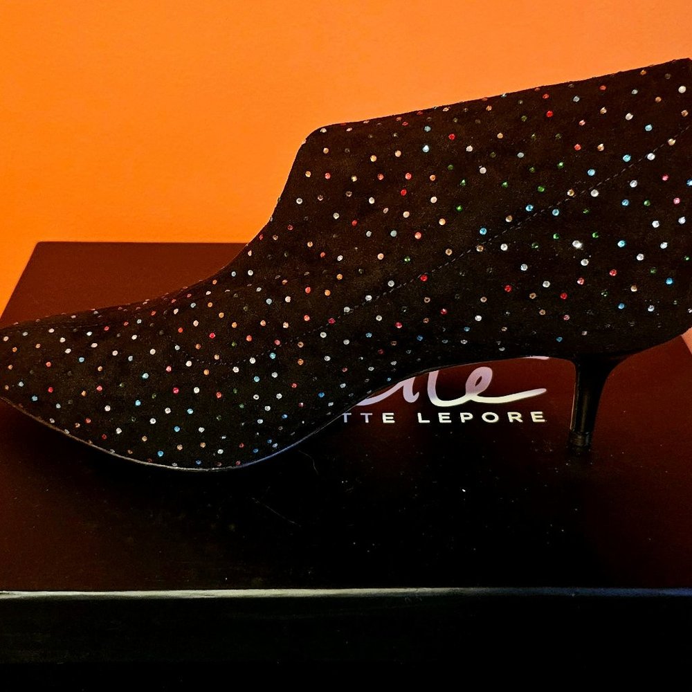 Size 9.5 Nanette Lepore Kitten Heel Black/Multi-Embellished Booties